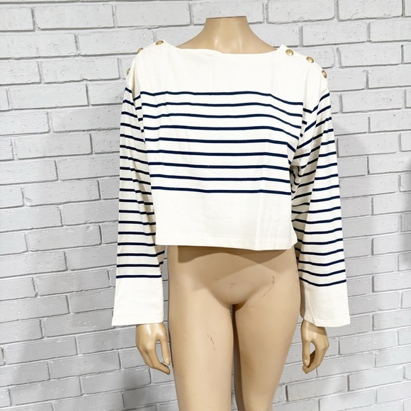 J.Crew Cropped Boatneck T-shirt with Buttons in Mariner Cotton - Size Large - Picture 2 of 14